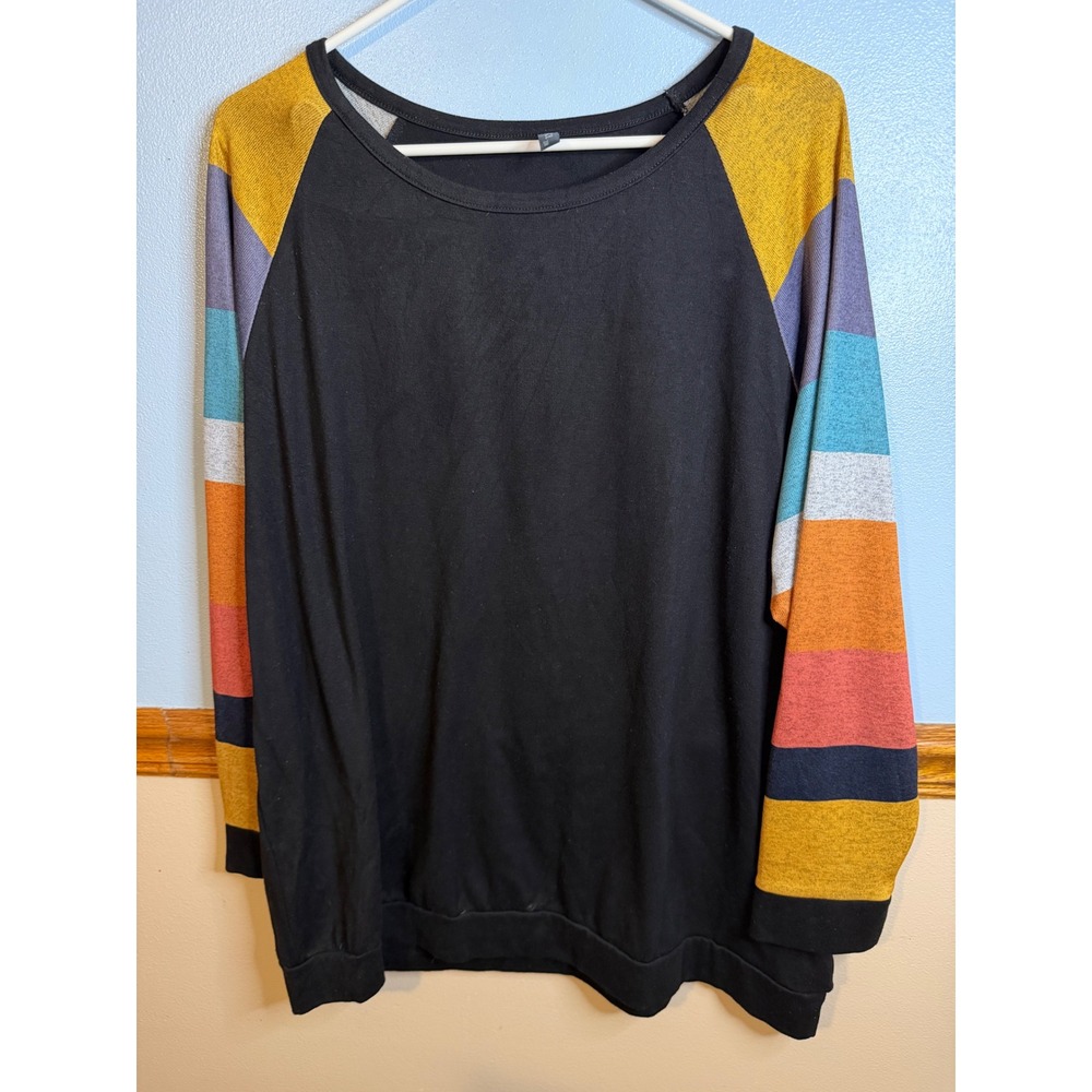 Allegrace Plus Size 20W Rainbow Striped Raglan Sleeve Black Tunic Top